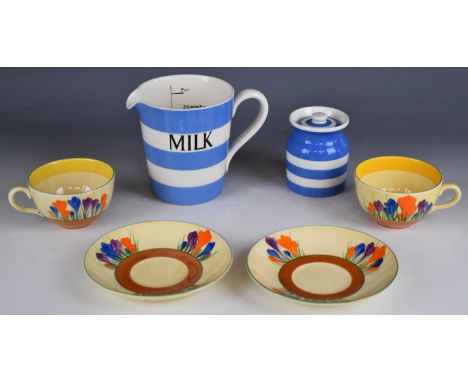 Clarice Cliff Bizarre for Wilkinson and Newport Potteries, two cups and saucers decorated in the Crocus pattern, T. G Green m