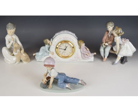 Lladro figural mantel clock and three child figures including Society / Anniversary examples, tallest 20cm