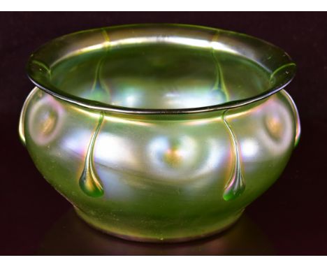 Loetz iridescent green glass bowl or jardini&egrave;re with applied drawn teardrop decoration, 27cm in diameter.&nbsp;