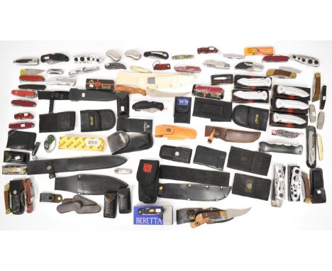 Over 50 pocket knives and multi-tools including Beretta, Whitby, Sharp Deluxe, Buck, Swiss Army style etc, some in original b