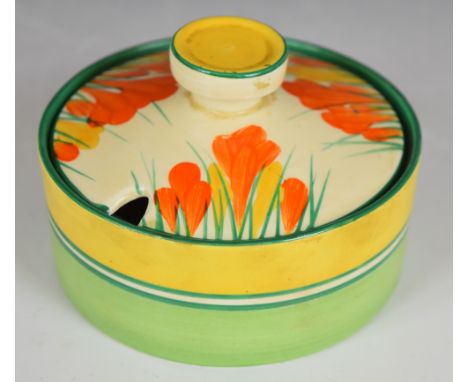 Clarice Cliff Bizarre for Wilkinson Pottery Art Deco circular covered preserve pot decorated in the Crocus pattern, diameter 