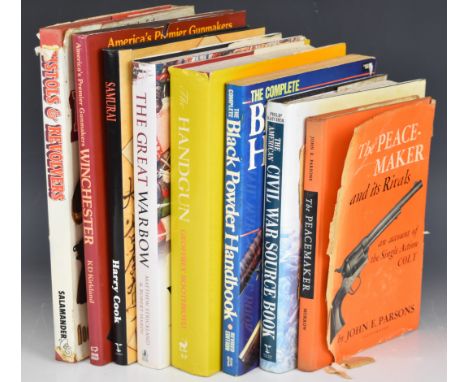 Eight firearm / military books including The Peacemaker by John E. Parsons, The Handgun by Geoffrey Boothroyd and The Great W