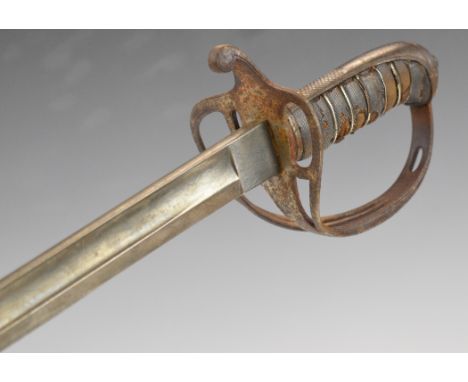 British Army 1821 pattern Cavalry officer's sword with shagreen wired grip, three bar hilt and 88.5cm decorated blade.&nbsp;P