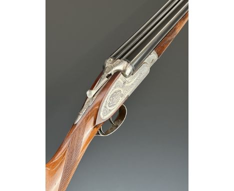 Silver Sabel De Luxe 12 bore sidelock side by side ejector shotgun&nbsp;with rose and scroll engraving to the named locks, un