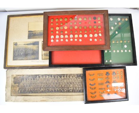 Small collection of framed badges and buttons including Scottish regiments, Black Watch, Camerons, Royal Scots etc, in four f