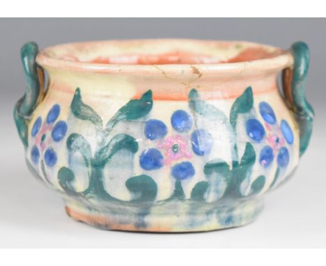 Ewenny Pottery pedestal twin handled Arts & Crafts bowl dated 1910 to base, H7cm, diameter 12.5cm Provenance: This bowl is il