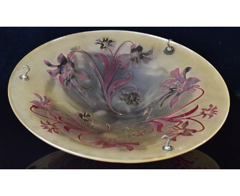 Emile Galle style cameo glass plafonnier or ceiling light with cranberry flower decoration over opaque ground and indistinct 