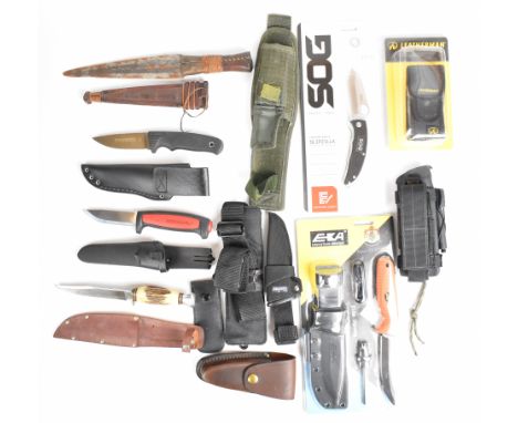 Five various hunting knives comprising Linder ATS 34, Moraknil, EKA Nordic W12, SOG Slipzilla and Bowie style example, togeth