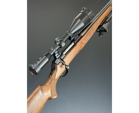 Titan&nbsp;.243 bolt-action rifle with chequered semi-pistol grip and forend, raised cheek piece, bi-pod, Schmidt &amp; Bende