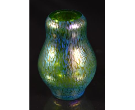 Loetz Crete Papillon green iridescent glass bud vase, 9cm tall