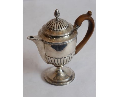 A hallmarked silver Argyle, domed lobed cover surmounted with an acorn-style finial above circular body with lobed lower sect