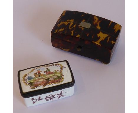 An 18th century Bilston enamel rectangular box, the hinged cover decorated with a riding scene, together with one other sligh