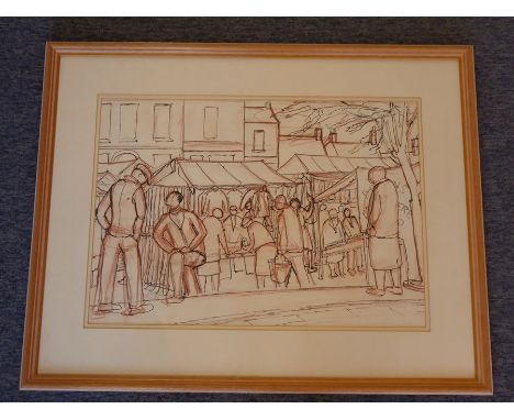 Christine Pirie (British, Contemporary 20th century), a framed a glazed preparatory sketch 'A Bustling Market',  39cm x 54.5c