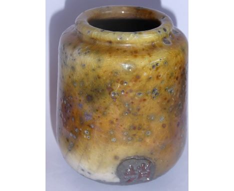 A Japanese pottery crackleware vase of tapering cylindrical form, signed to underside and also with red seal mark to lower gl