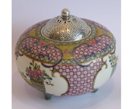 A good 'Yongzheng' porcelain pot-pourri, probably Herend, circa 1875, the depressed globular body finely enamelled after Chin