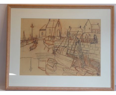 Christine Pirie (British, Contemporary 20th&nbsp;century), a framed and glazed preparatory sketch of boats and figures by a h