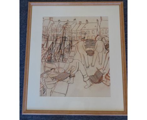 Christine Pirie (British, Contemporary 20th&nbsp;century), a framed and glazed preparatory sketch of fisherman unloading the 