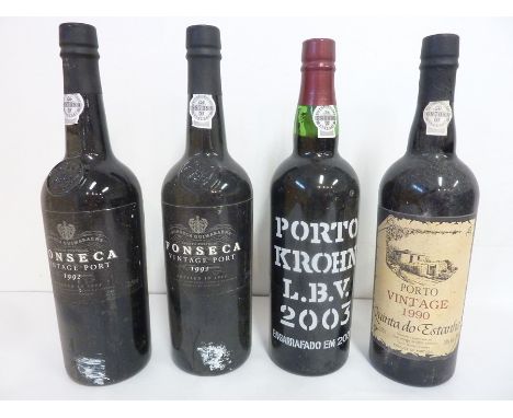 Three bottles of vintage port and one LBV: 2 x Fonseca Guimaraens 1992; 1 x&nbsp;Quinta do Estanho 1990 and 1 x Krohn L.B.V. 