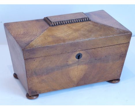 An early 19th century Regency period sarcophagus shaped two-division satin walnut (possibly with figured elm interior?) tea c