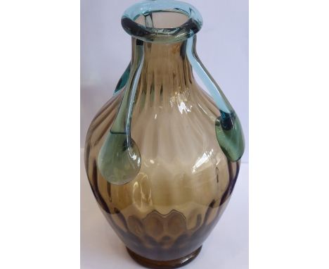 An early 20th century three-handled Art Glass vase in Austrian style; light-blue lip and handles against a light-brown balust