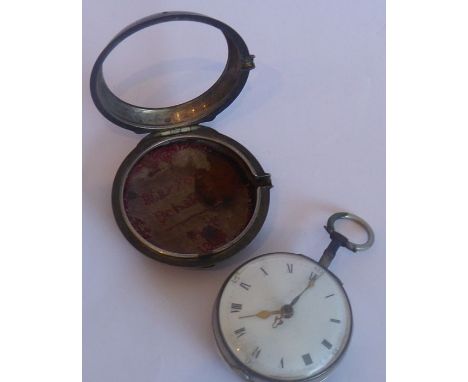 A George III period silver pair cased pocket watch, convex glass over a white enamel dial with Roman numerals, the complex gi