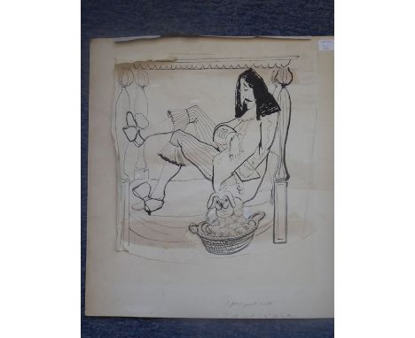 Charles Mosley (20th century), a black ink conical advertising artwork sketch depicting Charles II reclining on a four-poster