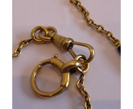 An extremely long yellow-metal (marked 18k) neck chain with blue-enamel bars decorated with white polka-dot-style effect, ful