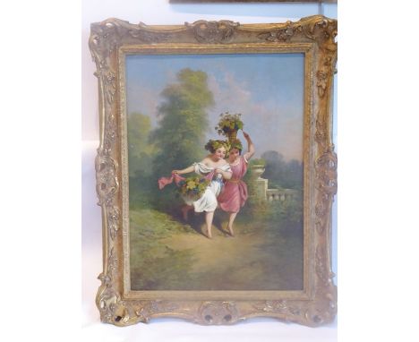 A gilt-framed early/mid-19th century oil on canvas study, allegorical of Spring, with two young girls carrying a wicker baske