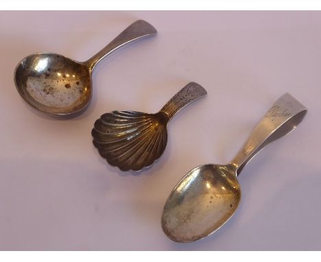 A George III hallmarked silver caddy spoon with shell-shaped bowl and bright-cut handle, one further Georgian silver caddy sp