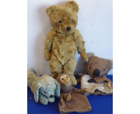 A mid-20th century plush mohair bear 36cm together with a glove puppet of a Koala, a glove puppet of a monkey and a similar r