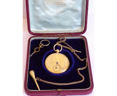 An 18-carat yellow-gold cased open-faced pocket watch, the engraved dial with Roman numerals and the subsidiary seconds hand 