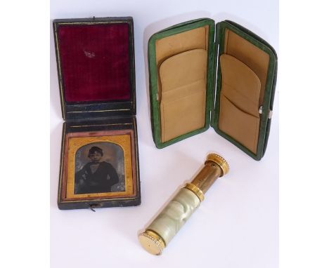 A bijouterie group comprising a vintage French perfume atomiser with engraved monogram to its end and mother-of-pearl-style f