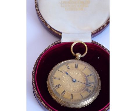 A late 19th century Continental yellow-metal (marked K18) open-faced ladies pocket watch, the centrally foliate engraved dial