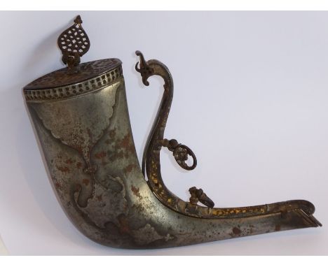 An unusual late 18th/early 19th century horn shaped steel shot flask (possibly Persian) bearing traces of original gilding to