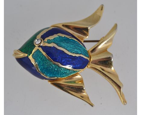 A vintage yellow metal figural brooch pin in the form of an angel  fish with enamel decoration, paste set eye and roller clas