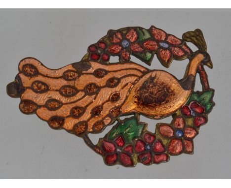 A vintage Art Nouveau yellow metal enamel brooch pin in the form of a peacock with c clasp. Measures 4.5cms