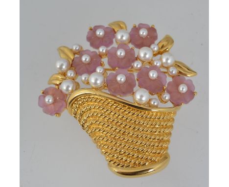 A good vintage yellow metal Napier brooch pin  in the form of a posy basket of flowers decorated with pink glass flowers and 