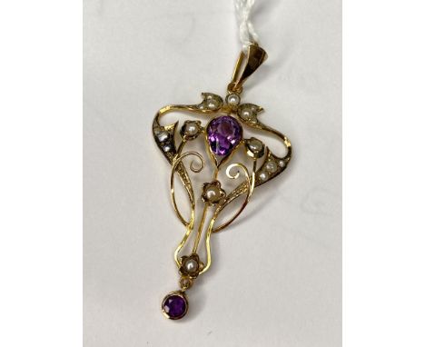 A art nouveau amethyst and pearl pendant with amethysts drop 9ct