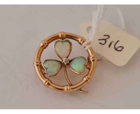 ANTIQUE VICTORIAN 15CT MARKED OPAL &amp; DIAMOND SET CLOVER BROOCH