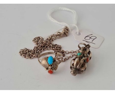 Vintage turquoise coral silver necklace and ring 8.2g inc