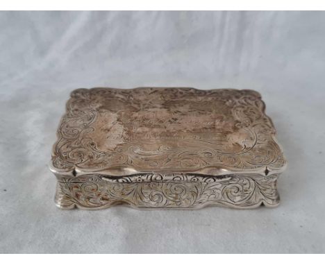 A Nathaniel Mills good snuff box with engraved boarder, gilt interior, 3 1/4" wide, Birmingham 1846, 130g