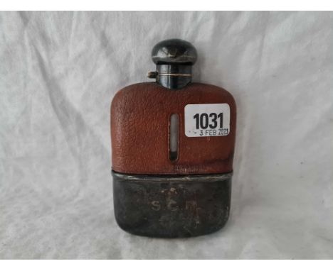 A hip flask with glass body, bayonet hinged cover, cut base, Birmingham 1923