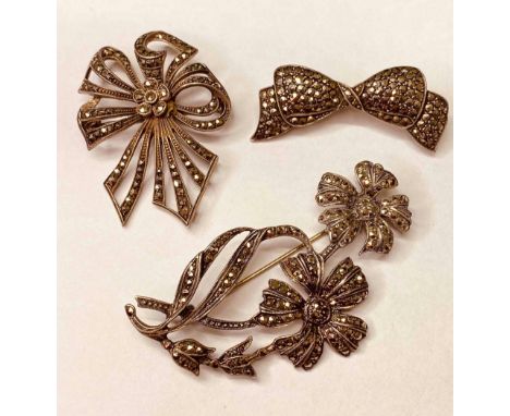 Three Vintage silver and marcasite brooches
