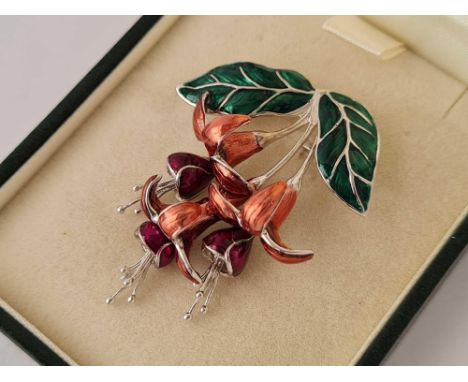 An articulated enamel Royal Horticultural Society Fuchsia brooch - boxed