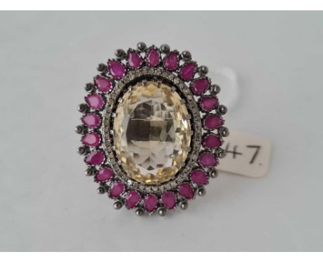 A FANCY DIAMOND &amp; RUBY with EXTRA LARGE CITRINE DRESS RING Size N 2cm x 1.5cm