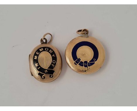 A Victorian gold front enamel agate set fob and Victorian gold back and front enamel memorial locket