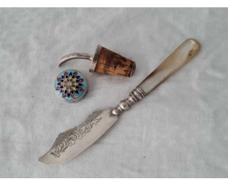 An enamel decorated pill box, an M.O.P butter knife etc