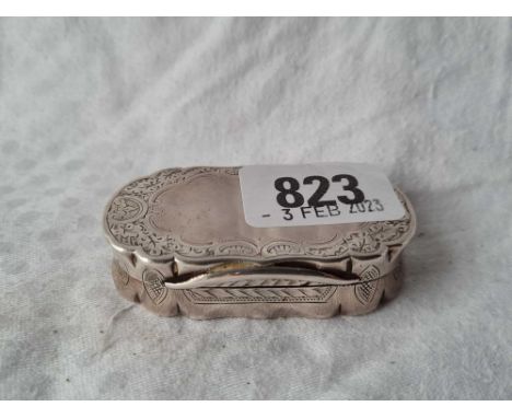 A snuff box with rounded ends and engraved base and boarders, 2.5" wide, Birmingham 1891 by CC, 46g
