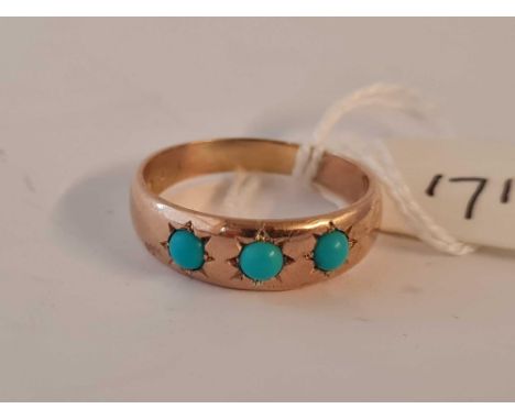 Antique Victorian 9ct gypsy ring set with 3 turquoise, hallmarked Birmingham 1879, size P