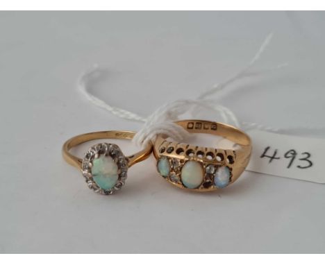 A OPAL AND DIAMOND CLUSTER RING SIZE J &amp; 3 STONE OPAL &amp; DIAMOND RING SIZE P 18CT GOLD 7.2 GMS INC